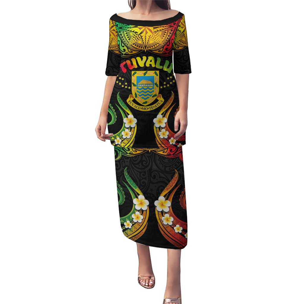 Personalised Tuvalu Independence Day Puletasi Polynesian Tattoo and Plumeria Reggae Color LT03 Long Dress Reggae - Polynesian Pride