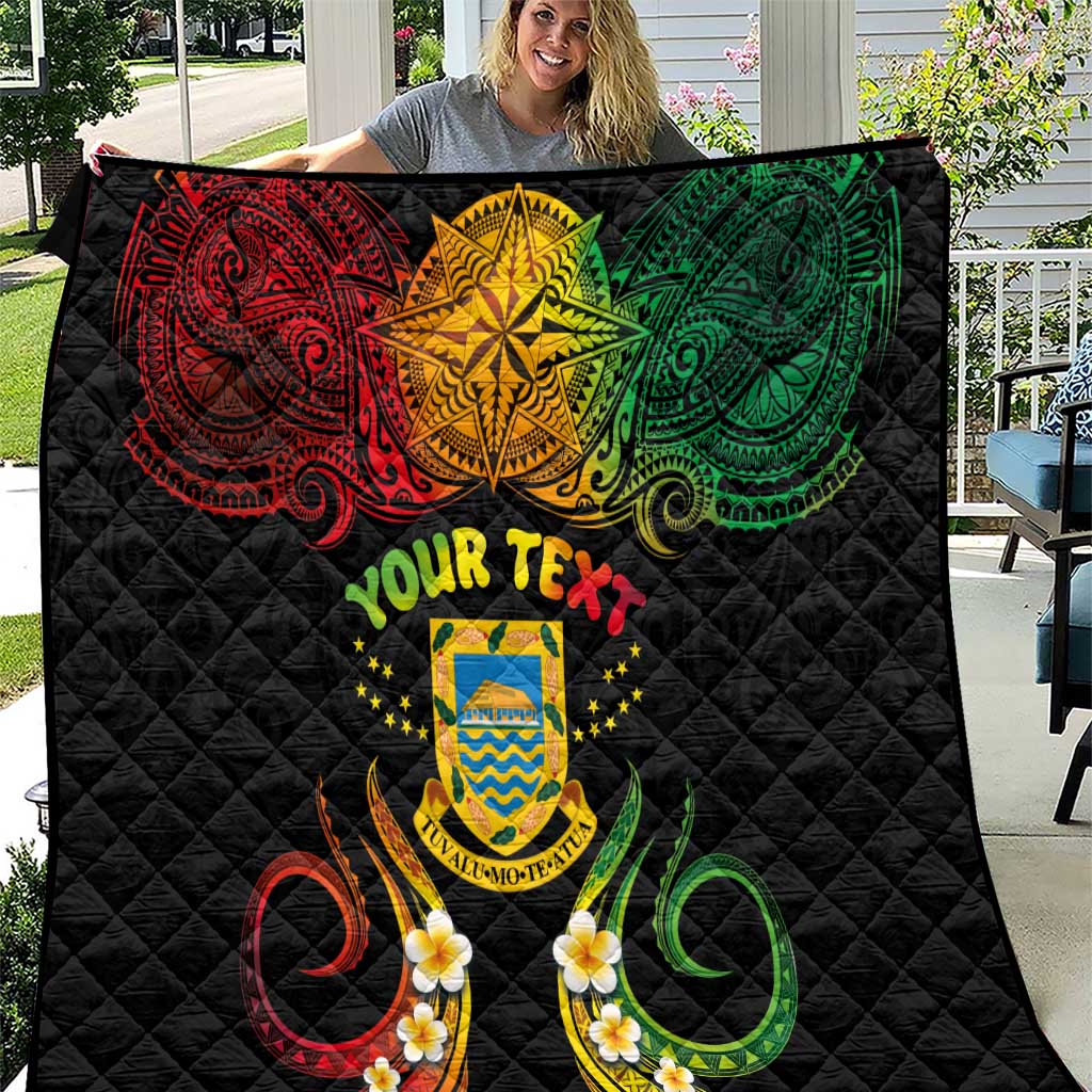 Personalised Tuvalu Independence Day Quilt Polynesian Tattoo and Plumeria Reggae Color