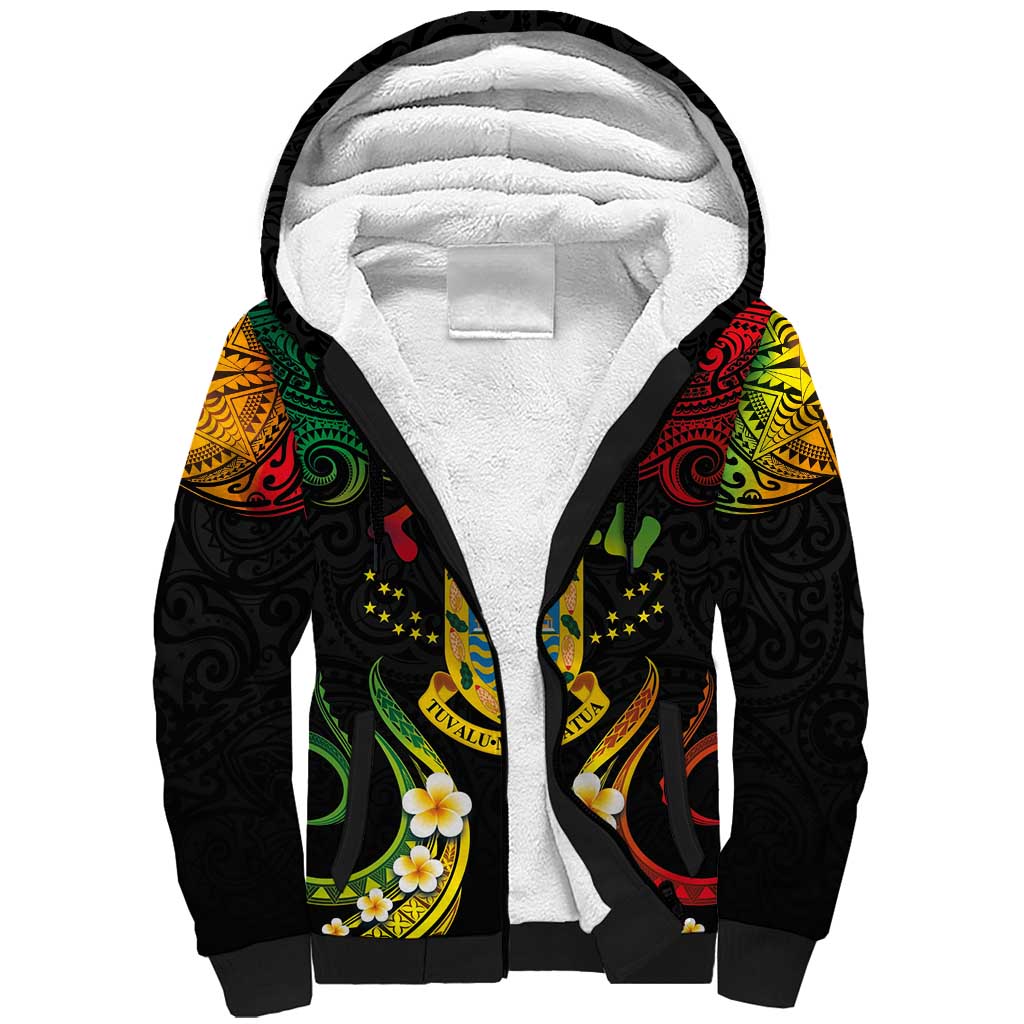 Personalised Tuvalu Independence Day Sherpa Hoodie Polynesian Tattoo and Plumeria Reggae Color