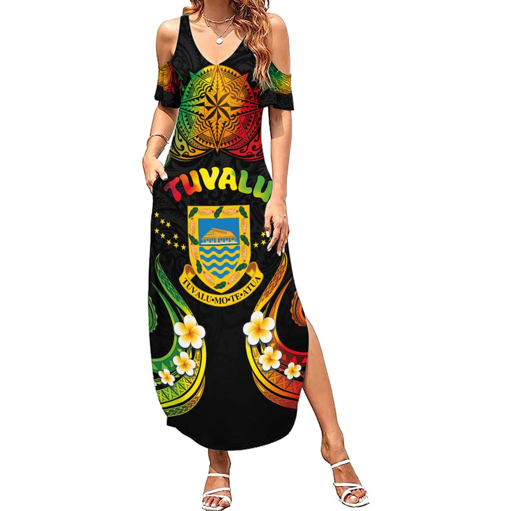 Personalised Tuvalu Independence Day Summer Maxi Dress Polynesian Tattoo and Plumeria Reggae Color