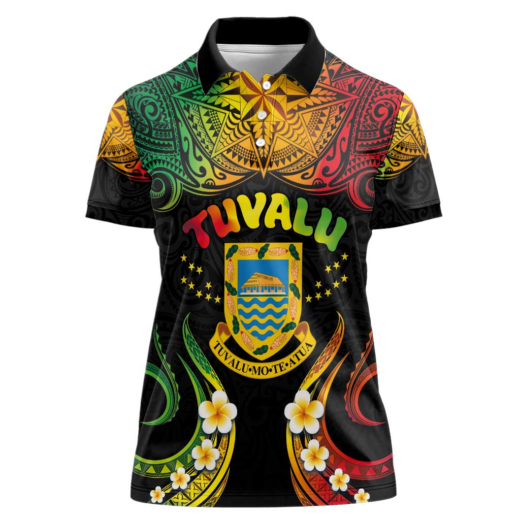 Personalised Tuvalu Independence Day Women Polo Shirt Polynesian Tattoo and Plumeria Reggae Color