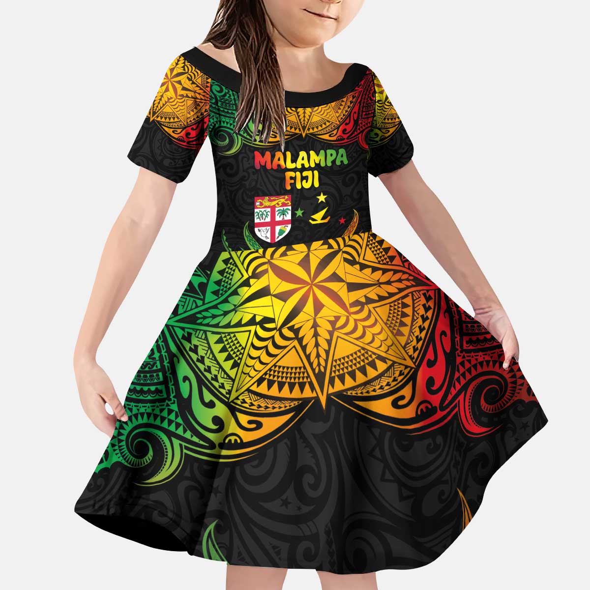 Personalised Malampa Fiji Day Kid Short Sleeve Dress Polynesian Tattoo and Plumeria Reggae Color LT03 KID Reggae - Polynesian Pride