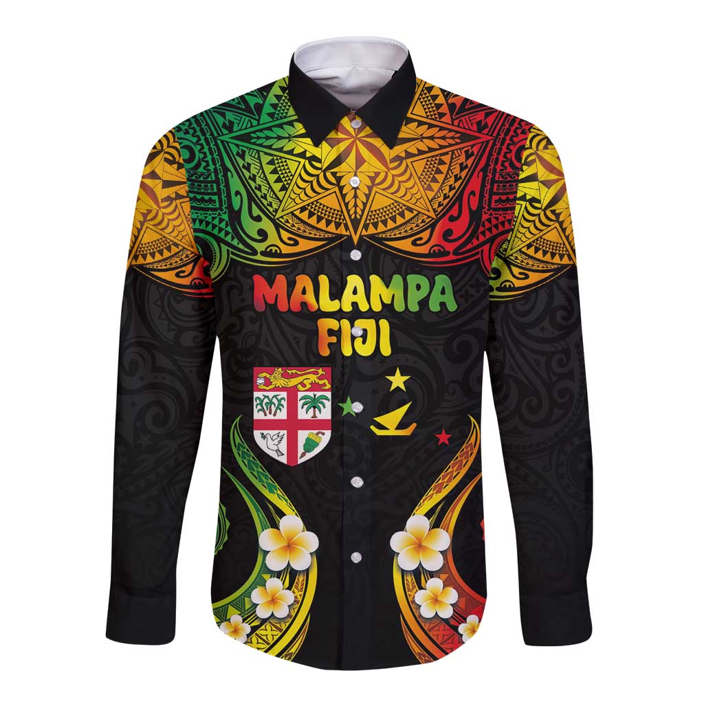 Personalised Malampa Fiji Day Long Sleeve Button Shirt Polynesian Tattoo and Plumeria Reggae Color LT03 Unisex Reggae - Polynesian Pride