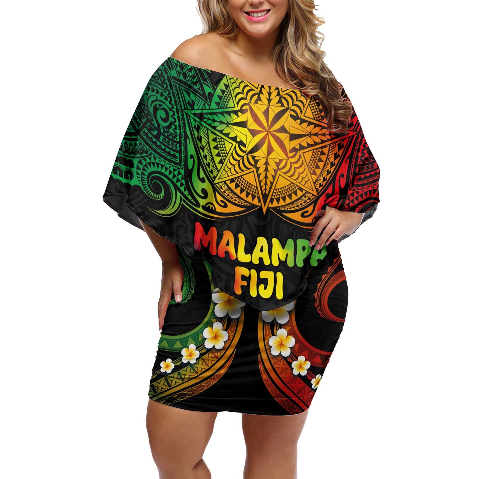 Personalised Malampa Fiji Day Off Shoulder Short Dress Polynesian Tattoo and Plumeria Reggae Color LT03 Women Reggae - Polynesian Pride