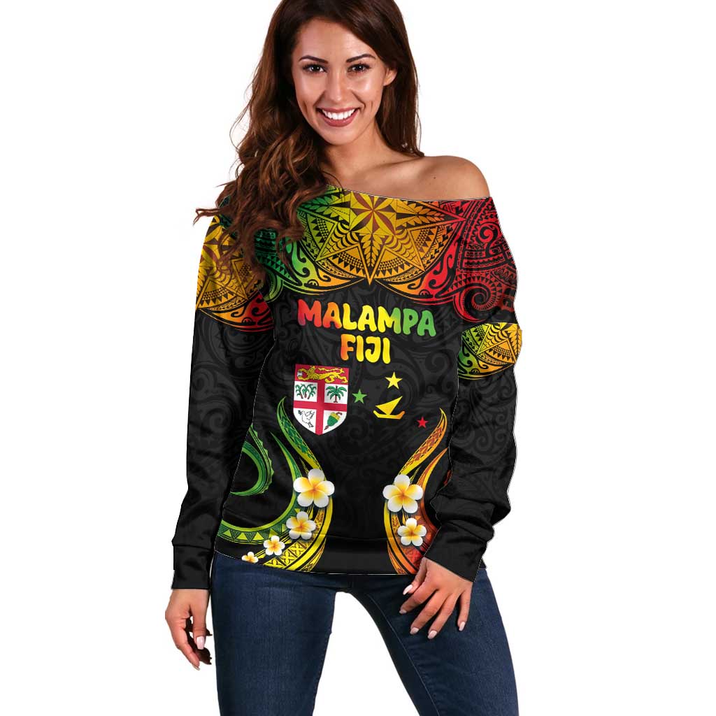 Personalised Malampa Fiji Day Off Shoulder Sweater Polynesian Tattoo and Plumeria Reggae Color LT03 Women Reggae - Polynesian Pride