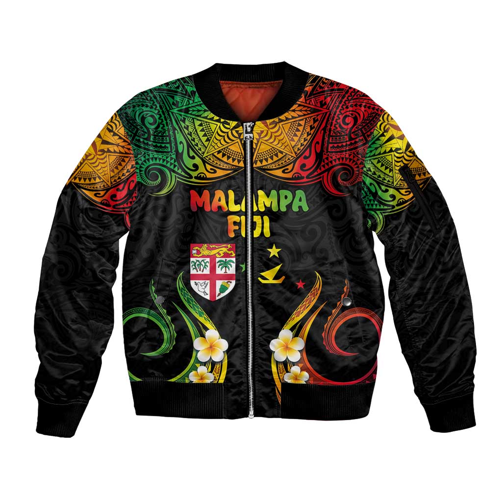 Personalised Malampa Fiji Day Sleeve Zip Bomber Jacket Polynesian Tattoo and Plumeria Reggae Color LT03 Unisex Reggae - Polynesian Pride