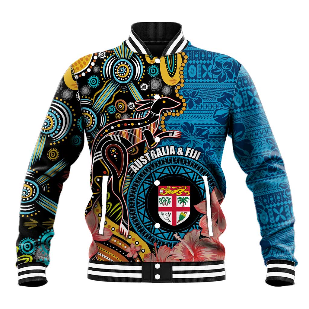 Fiji and Australia Kangaroos Baseball Jacket Indigenous Aboriginal and Fijian Masi Tribal Tattoo LT03 Unisex Blue - Polynesian Pride