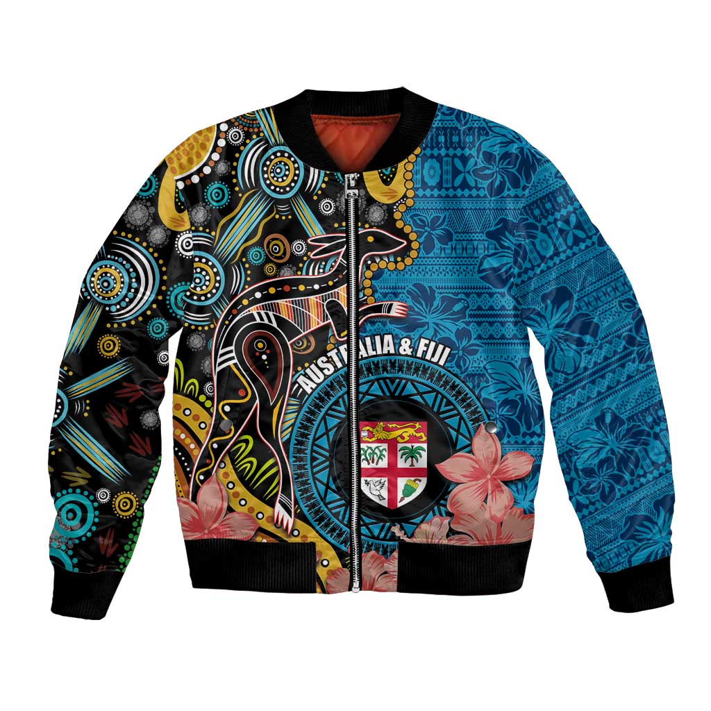 Fiji and Australia Kangaroos Bomber Jacket Indigenous Aboriginal and Fijian Masi Tribal Tattoo LT03 Unisex Blue - Polynesian Pride