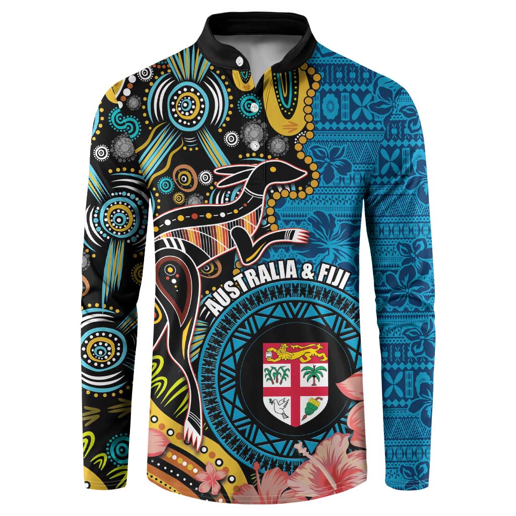 Fiji and Australia Kangaroos Button Sweatshirt Indigenous Aboriginal and Fijian Masi Tribal Tattoo LT03 Blue - Polynesian Pride