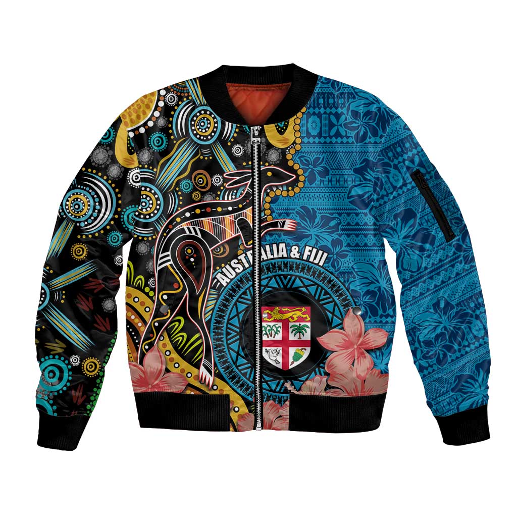 Fiji and Australia Kangaroos Sleeve Zip Bomber Jacket Indigenous Aboriginal and Fijian Masi Tribal Tattoo LT03 Unisex Blue - Polynesian Pride