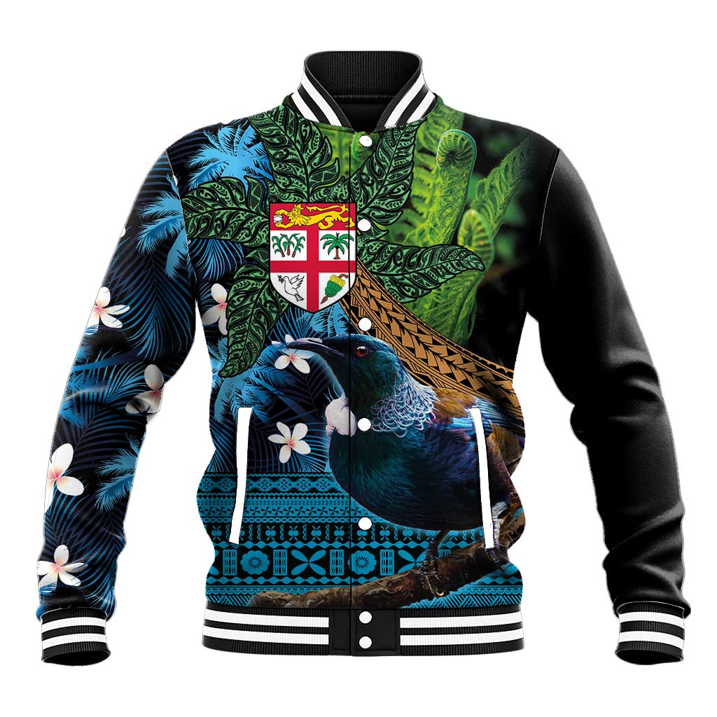 Fiji and New Zealand Tui Bird Baseball Jacket Koru Fern Leafs and Palm Tree With Plumeria LT03 Unisex Blue - Polynesian Pride