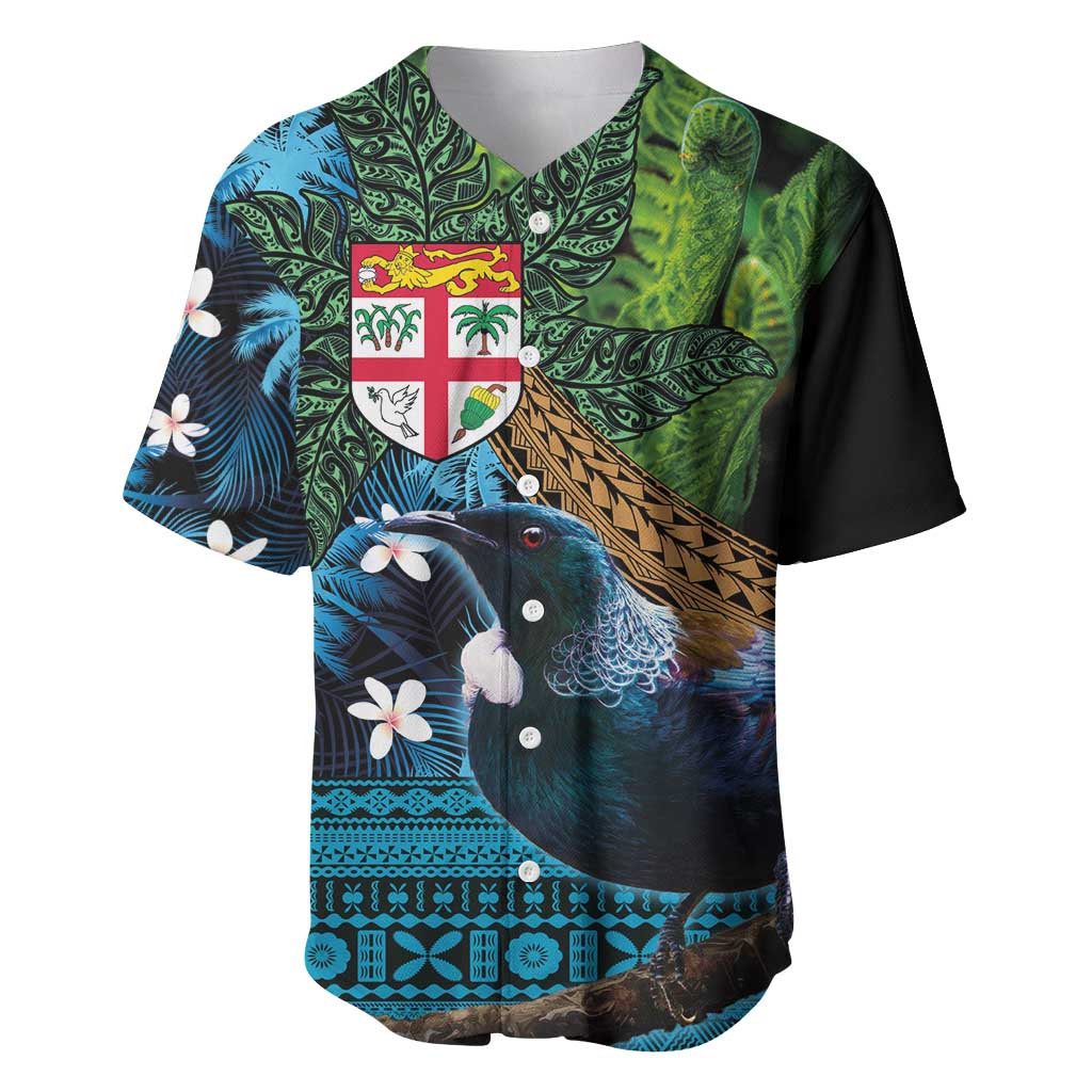 Fiji and New Zealand Tui Bird Baseball Jersey Koru Fern Leafs and Palm Tree With Plumeria LT03 Blue - Polynesian Pride