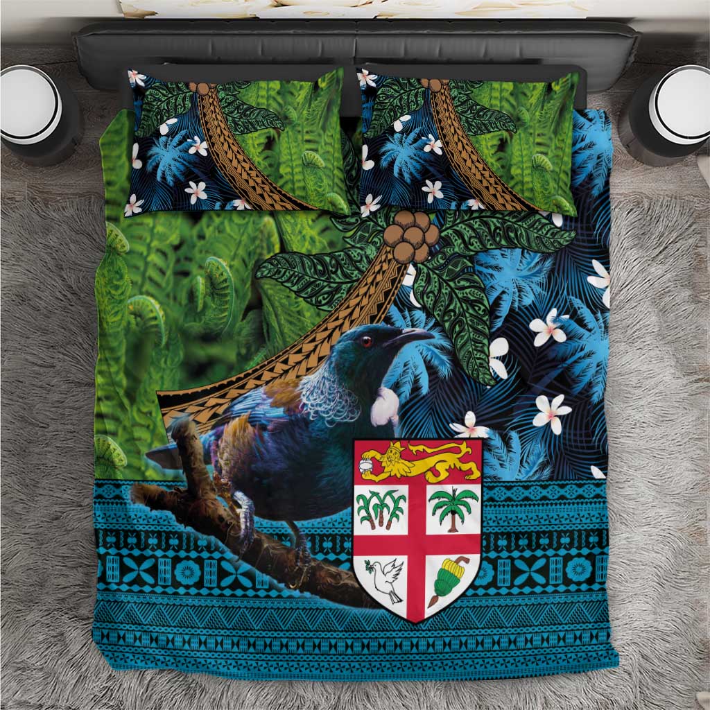 Fiji and New Zealand Tui Bird Bedding Set Koru Fern Leafs and Palm Tree With Plumeria LT03 Blue - Polynesian Pride