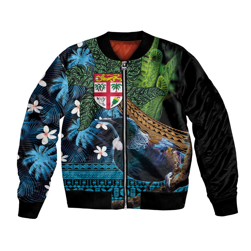 Fiji and New Zealand Tui Bird Bomber Jacket Koru Fern Leafs and Palm Tree With Plumeria LT03 Unisex Blue - Polynesian Pride