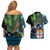 Fiji and New Zealand Tui Bird Couples Matching Off Shoulder Short Dress and Hawaiian Shirt Koru Fern Leafs and Palm Tree With Plumeria