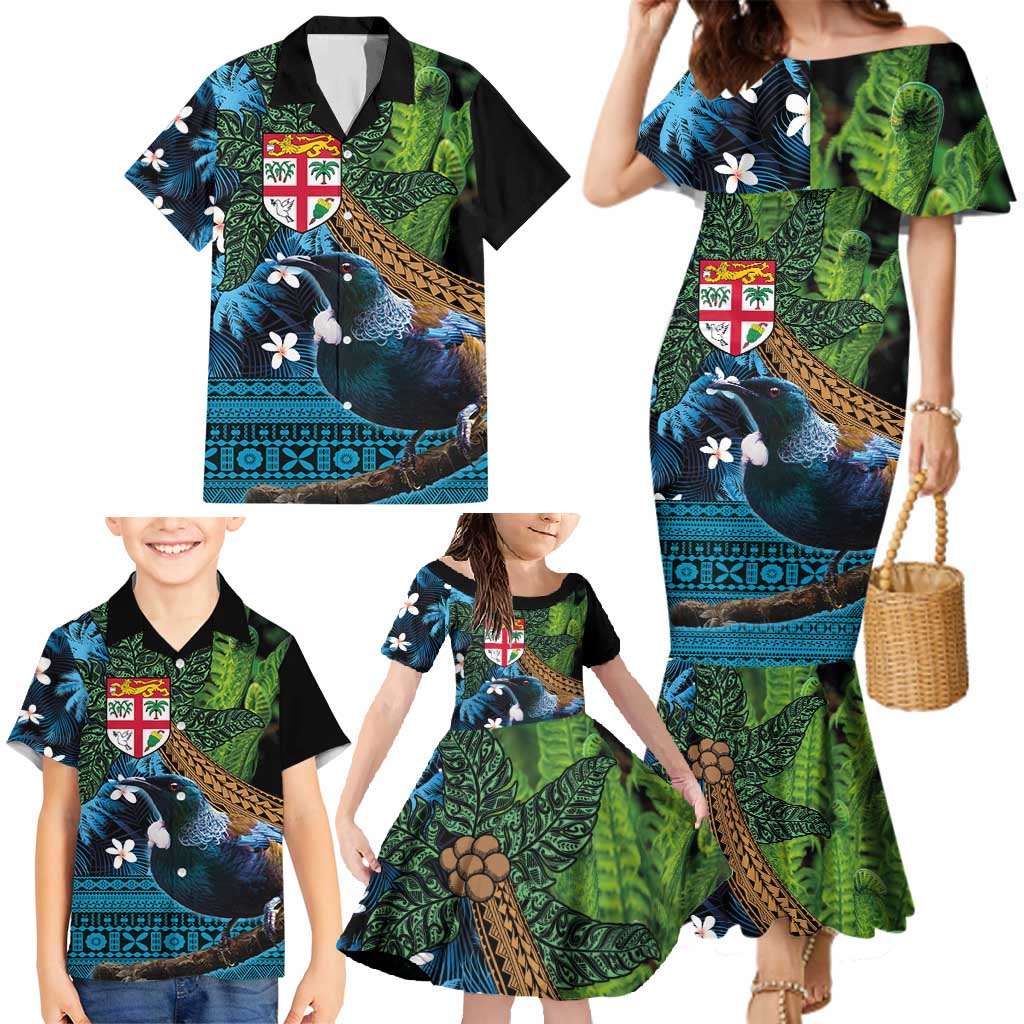 Fiji and New Zealand Tui Bird Family Matching Mermaid Dress and Hawaiian Shirt Koru Fern Leafs and Palm Tree With Plumeria