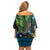 Fiji and New Zealand Tui Bird Family Matching Off Shoulder Short Dress and Hawaiian Shirt Koru Fern Leafs and Palm Tree With Plumeria