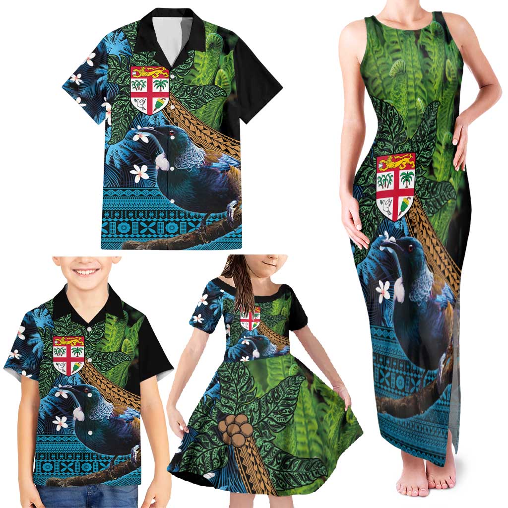 Fiji and New Zealand Tui Bird Family Matching Tank Maxi Dress and Hawaiian Shirt Koru Fern Leafs and Palm Tree With Plumeria