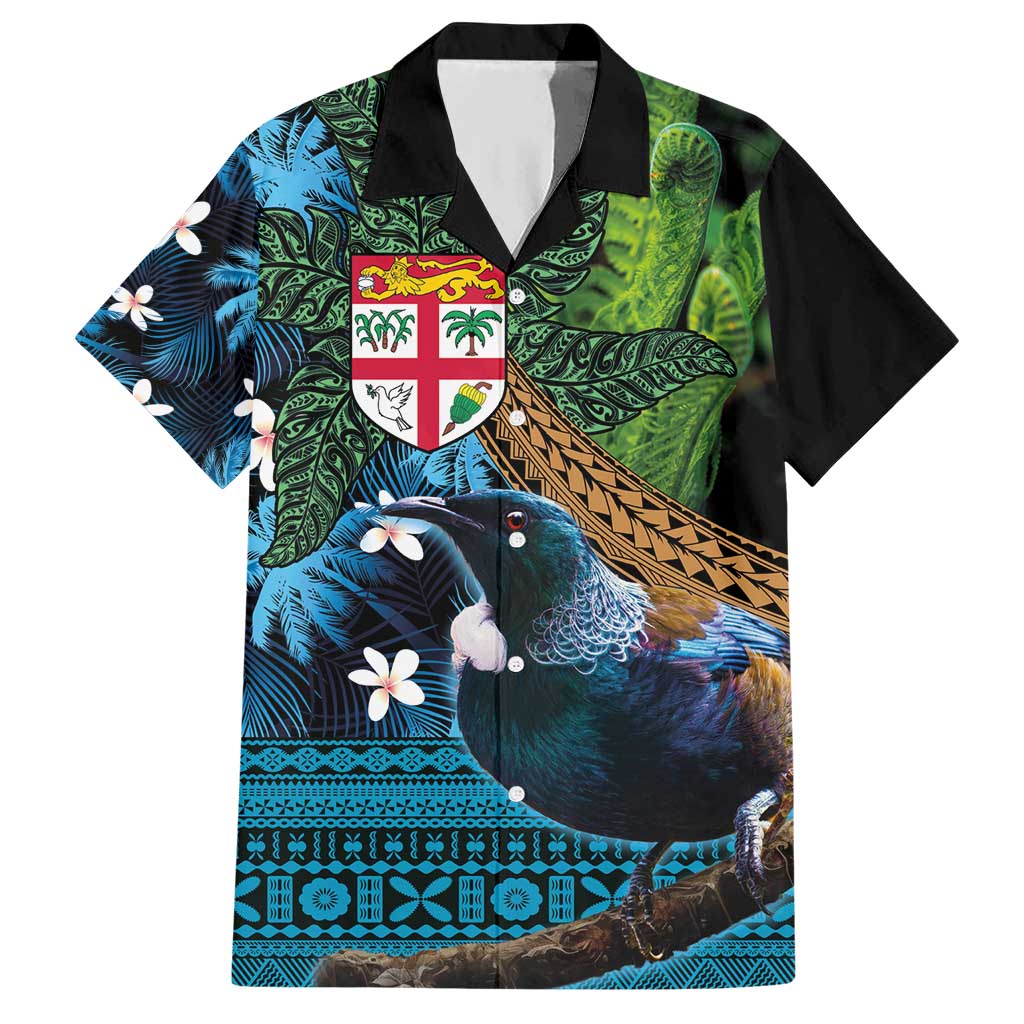 Fiji and New Zealand Tui Bird Hawaiian Shirt Koru Fern Leafs and Palm Tree With Plumeria LT03 Blue - Polynesian Pride