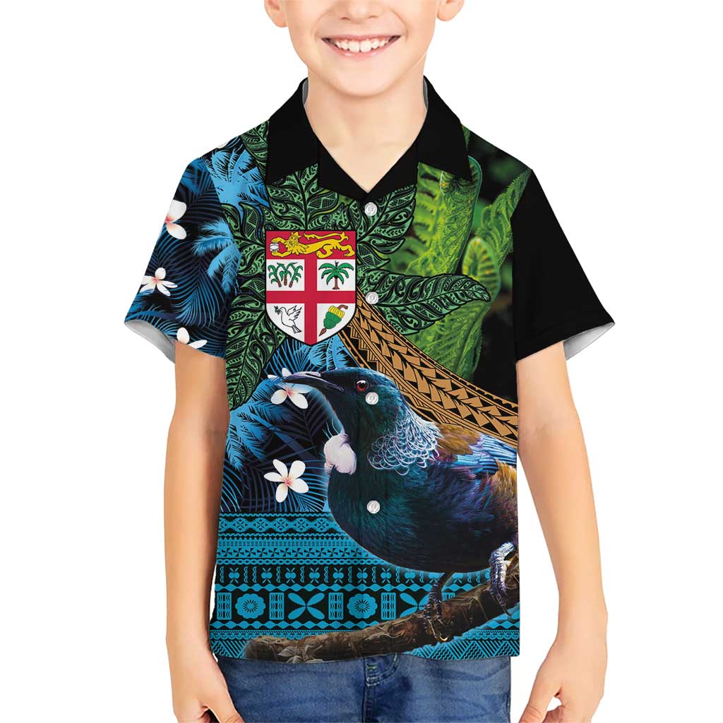 Fiji and New Zealand Tui Bird Kid Hawaiian Shirt Koru Fern Leafs and Palm Tree With Plumeria