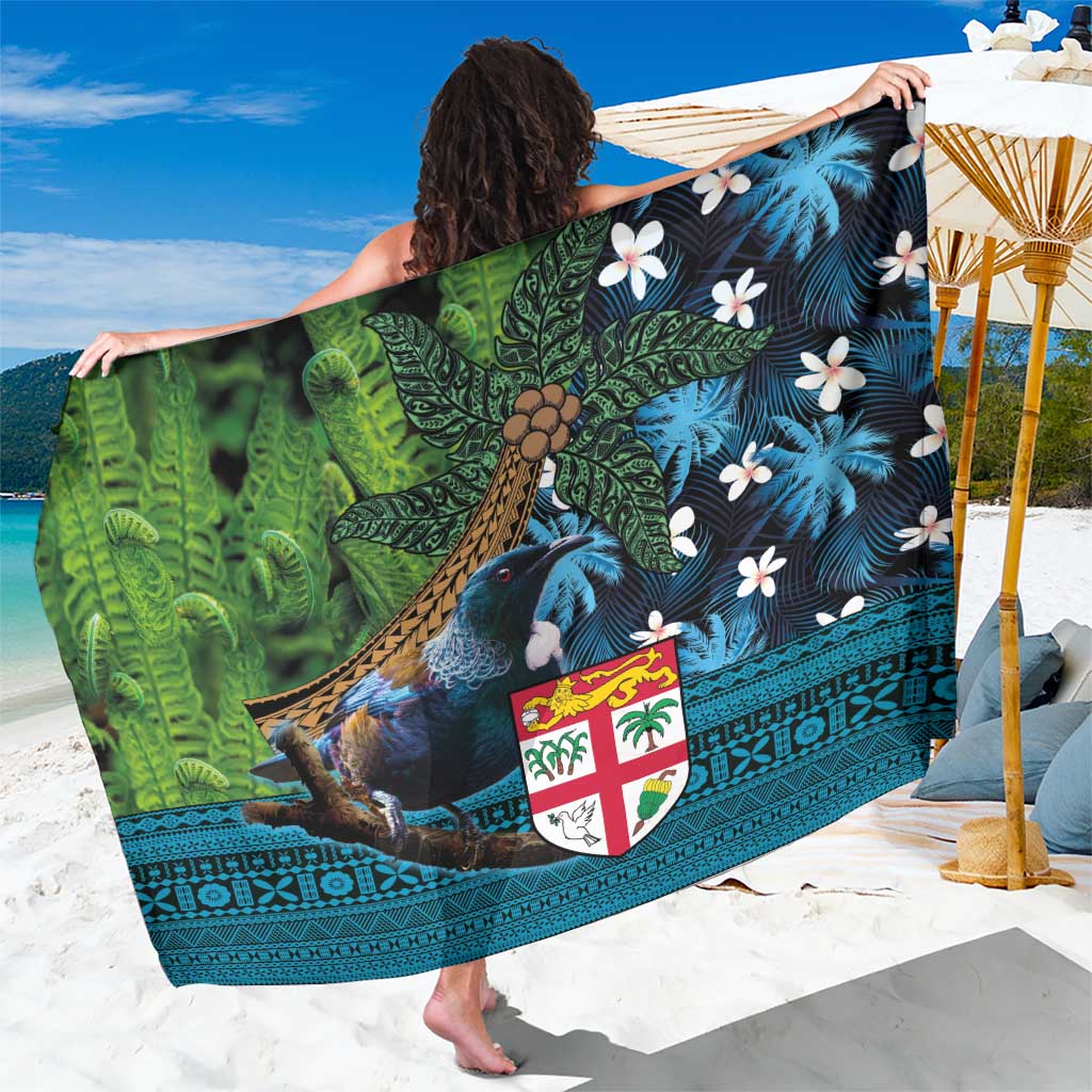 Fiji and New Zealand Tui Bird Sarong Koru Fern Leafs and Palm Tree With Plumeria LT03 One Size 44 x 66 inches Blue - Polynesian Pride
