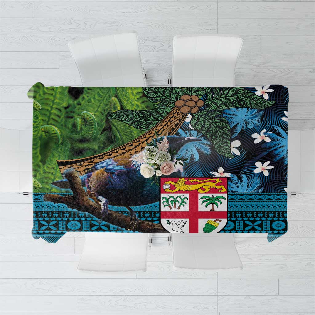 Fiji and New Zealand Tui Bird Tablecloth Koru Fern Leafs and Palm Tree With Plumeria LT03 Blue - Polynesian Pride