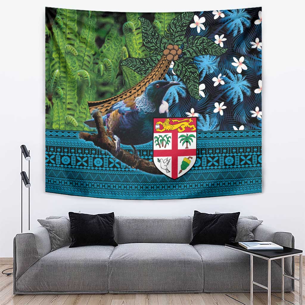 Fiji and New Zealand Tui Bird Tapestry Koru Fern Leafs and Palm Tree With Plumeria LT03 Blue - Polynesian Pride