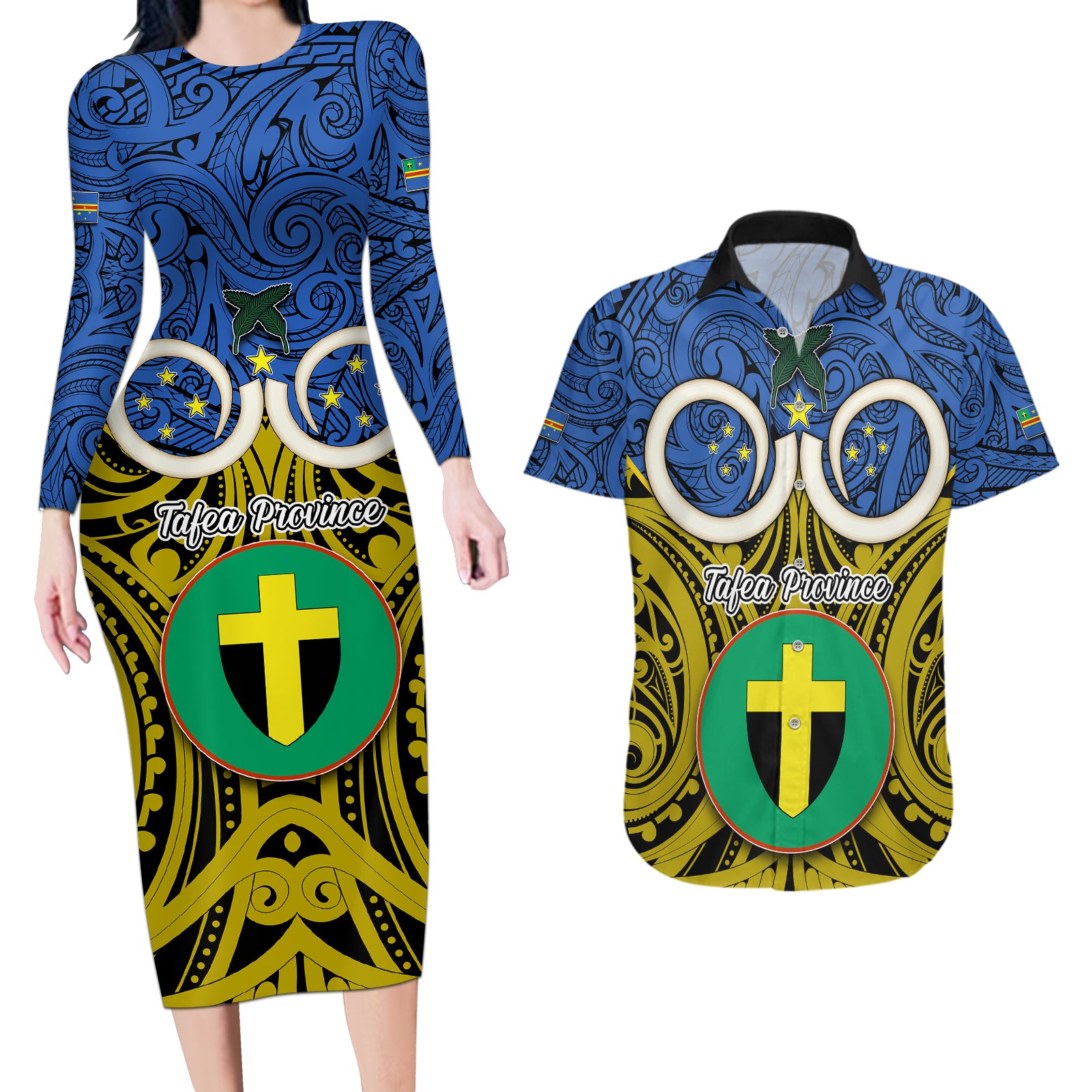 Vanuatu Tafea Province Couples Matching Long Sleeve Bodycon Dress and Hawaiian Shirt Pig Tusk Mix Maori Pattern and Namele Leaf LT03 Blue - Polynesian Pride