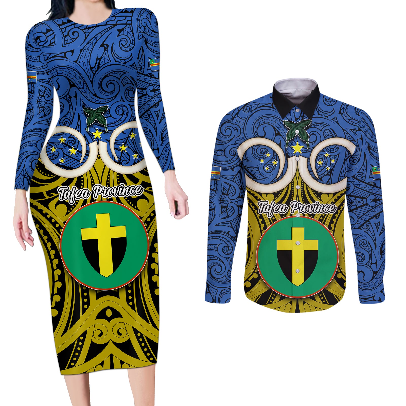 Vanuatu Tafea Province Couples Matching Long Sleeve Bodycon Dress and Long Sleeve Button Shirts Pig Tusk Mix Maori Pattern and Namele Leaf LT03 Blue - Polynesian Pride