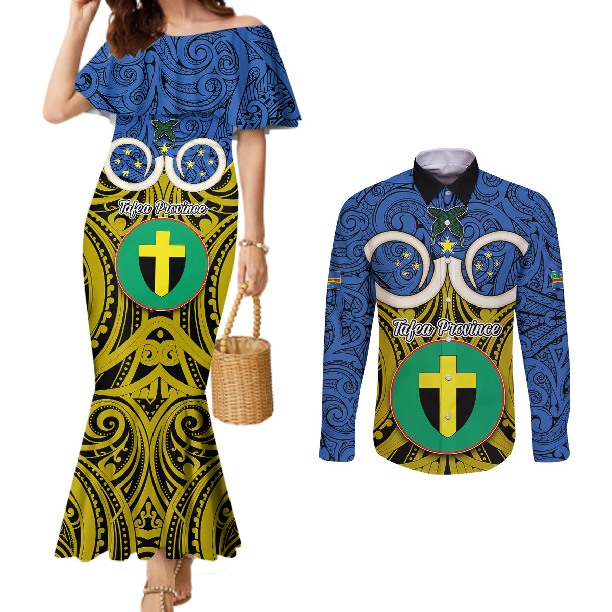 Vanuatu Tafea Province Couples Matching Mermaid Dress and Long Sleeve Button Shirts Pig Tusk Mix Maori Pattern and Namele Leaf LT03 Blue - Polynesian Pride