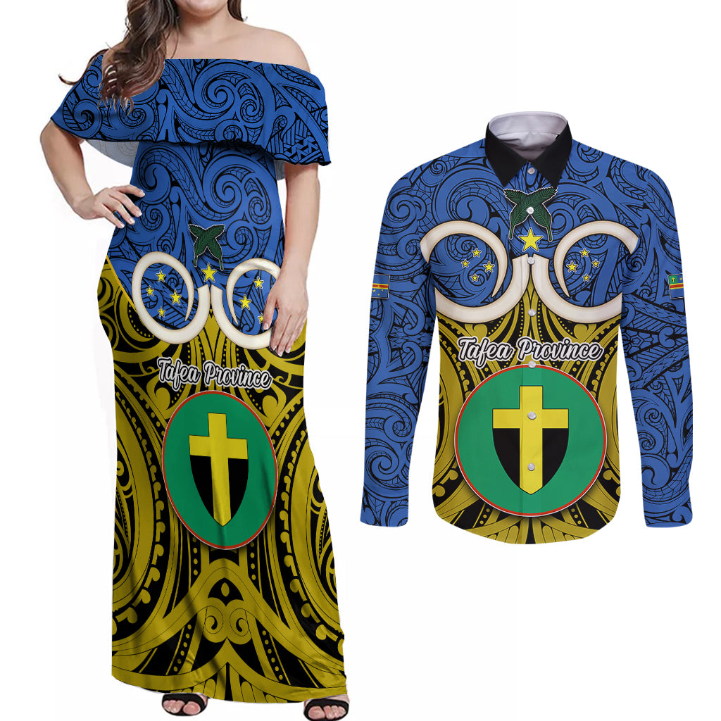 Vanuatu Tafea Province Couples Matching Off Shoulder Maxi Dress and Long Sleeve Button Shirts Pig Tusk Mix Maori Pattern and Namele Leaf LT03 Blue - Polynesian Pride