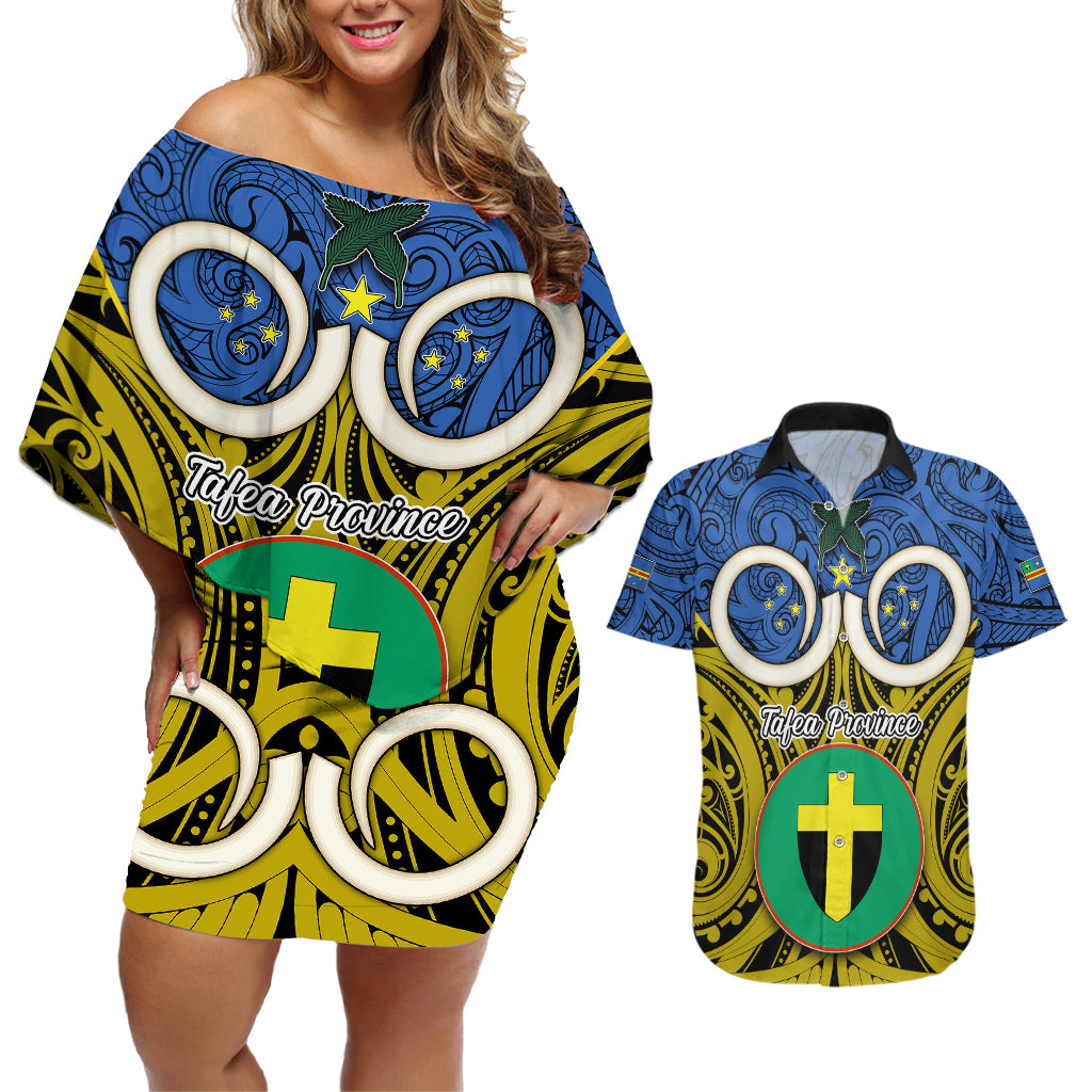 Vanuatu Tafea Province Couples Matching Off Shoulder Short Dress and Hawaiian Shirt Pig Tusk Mix Maori Pattern and Namele Leaf LT03 Blue - Polynesian Pride