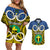 Vanuatu Tafea Province Couples Matching Off Shoulder Short Dress and Hawaiian Shirt Pig Tusk Mix Maori Pattern and Namele Leaf LT03 Blue - Polynesian Pride