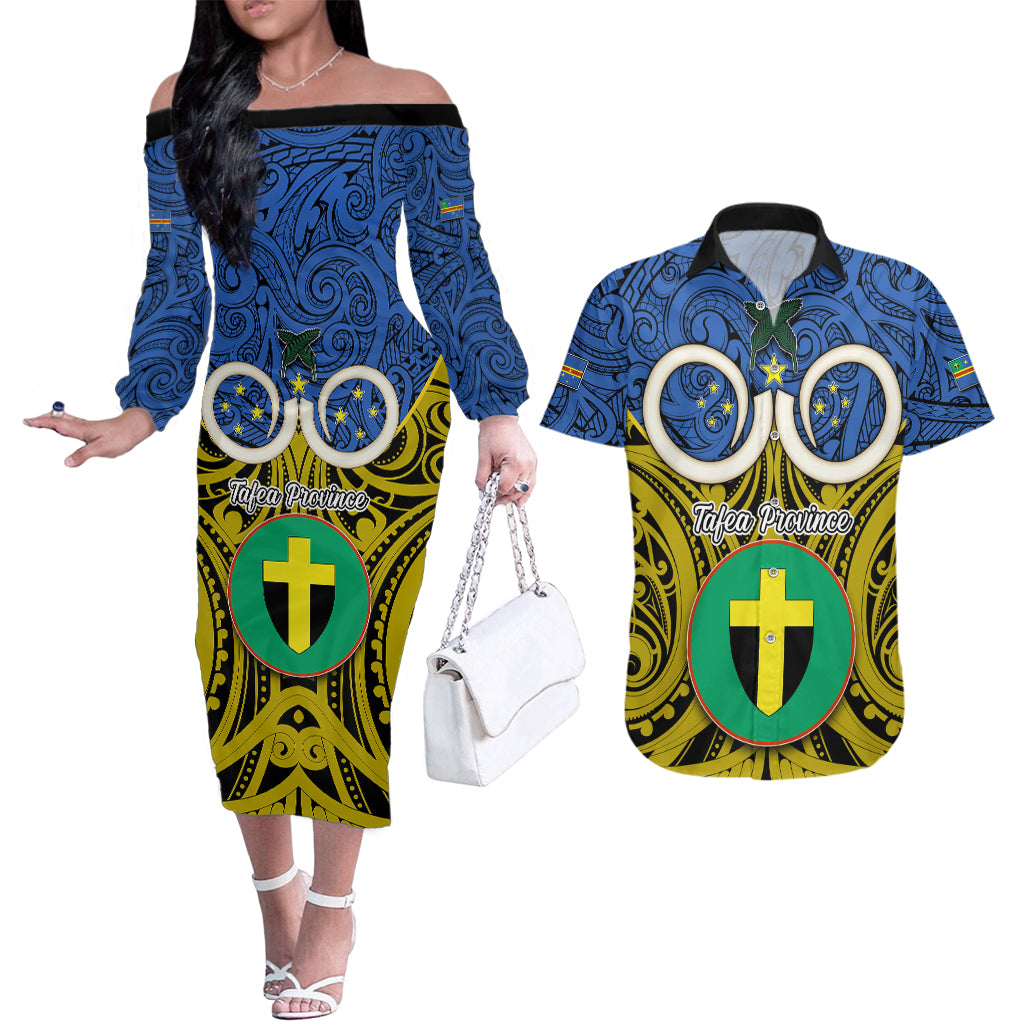 Vanuatu Tafea Province Couples Matching Off The Shoulder Long Sleeve Dress and Hawaiian Shirt Pig Tusk Mix Maori Pattern and Namele Leaf LT03 Blue - Polynesian Pride