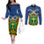 Vanuatu Tafea Province Couples Matching Off The Shoulder Long Sleeve Dress and Long Sleeve Button Shirts Pig Tusk Mix Maori Pattern and Namele Leaf LT03 Blue - Polynesian Pride