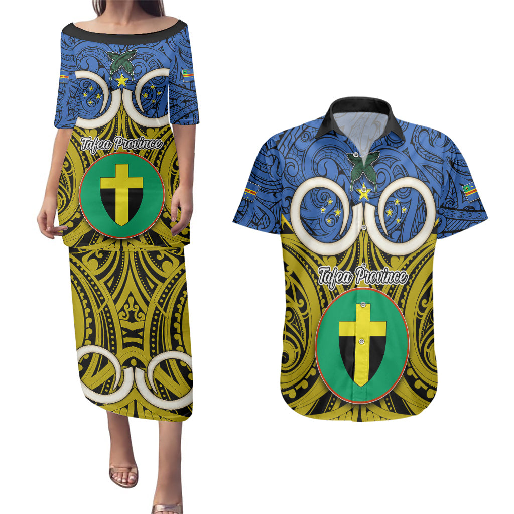 Vanuatu Tafea Province Couples Matching Puletasi Dress and Hawaiian Shirt Pig Tusk Mix Maori Pattern and Namele Leaf LT03 Blue - Polynesian Pride