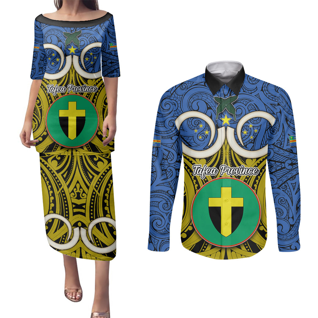 Vanuatu Tafea Province Couples Matching Puletasi Dress and Long Sleeve Button Shirts Pig Tusk Mix Maori Pattern and Namele Leaf LT03 Blue - Polynesian Pride