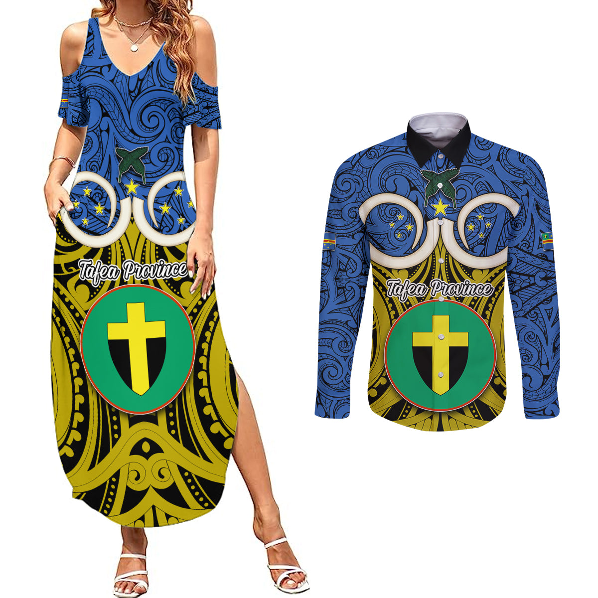 Vanuatu Tafea Province Couples Matching Summer Maxi Dress and Long Sleeve Button Shirts Pig Tusk Mix Maori Pattern and Namele Leaf LT03 Blue - Polynesian Pride