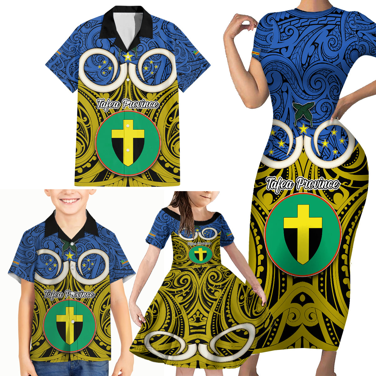 Vanuatu Tafea Province Family Matching Short Sleeve Bodycon Dress and Hawaiian Shirt Pig Tusk Mix Maori Pattern and Namele Leaf LT03 - Polynesian Pride