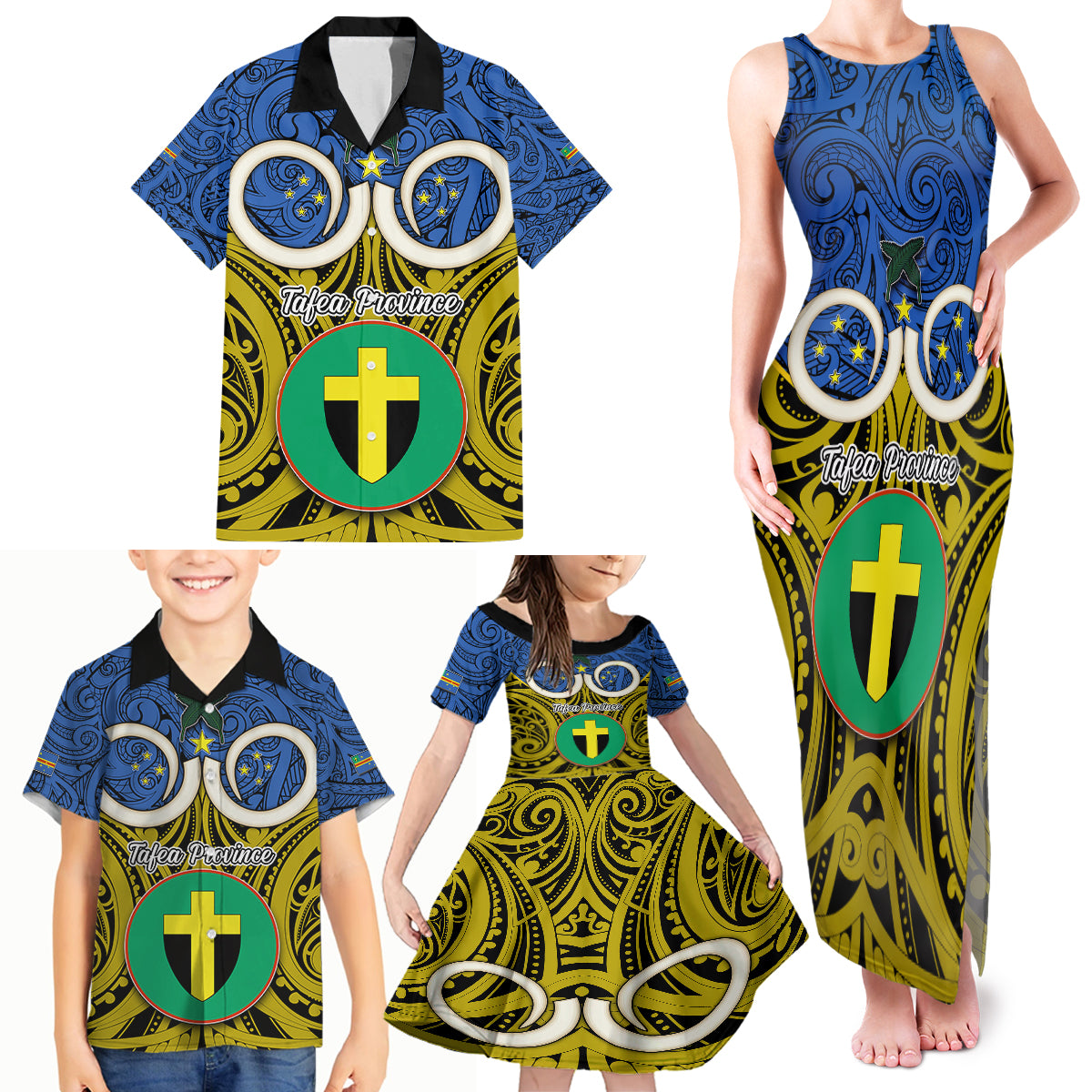 Vanuatu Tafea Province Family Matching Tank Maxi Dress and Hawaiian Shirt Pig Tusk Mix Maori Pattern and Namele Leaf LT03 - Polynesian Pride