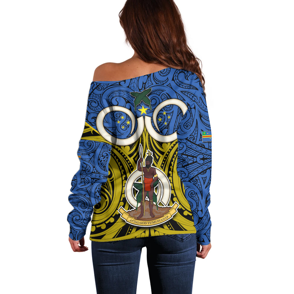Vanuatu Tafea Province Off Shoulder Sweater Pig Tusk Mix Maori Pattern and Namele Leaf LT03 - Polynesian Pride