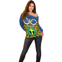 Vanuatu Tafea Province Off Shoulder Sweater Pig Tusk Mix Maori Pattern and Namele Leaf LT03 - Polynesian Pride