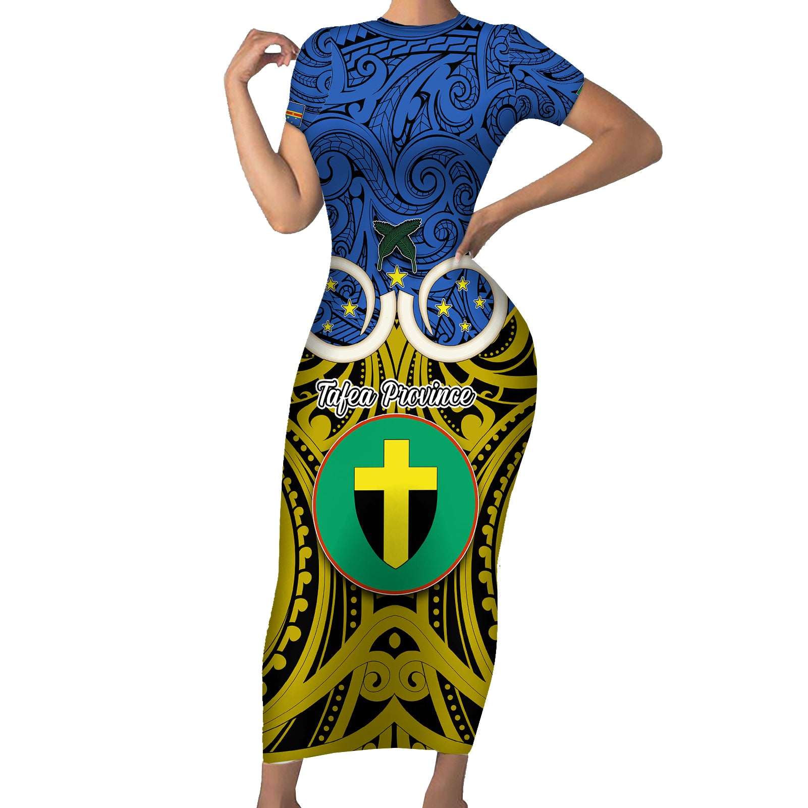 Vanuatu Tafea Province Short Sleeve Bodycon Dress Pig Tusk Mix Maori Pattern and Namele Leaf LT03 Long Dress Blue - Polynesian Pride