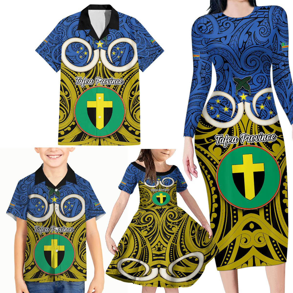 Personalised Vanuatu Tafea Province Family Matching Long Sleeve Bodycon Dress and Hawaiian Shirt Pig Tusk Mix Maori Pattern and Namele Leaf LT03 - Polynesian Pride