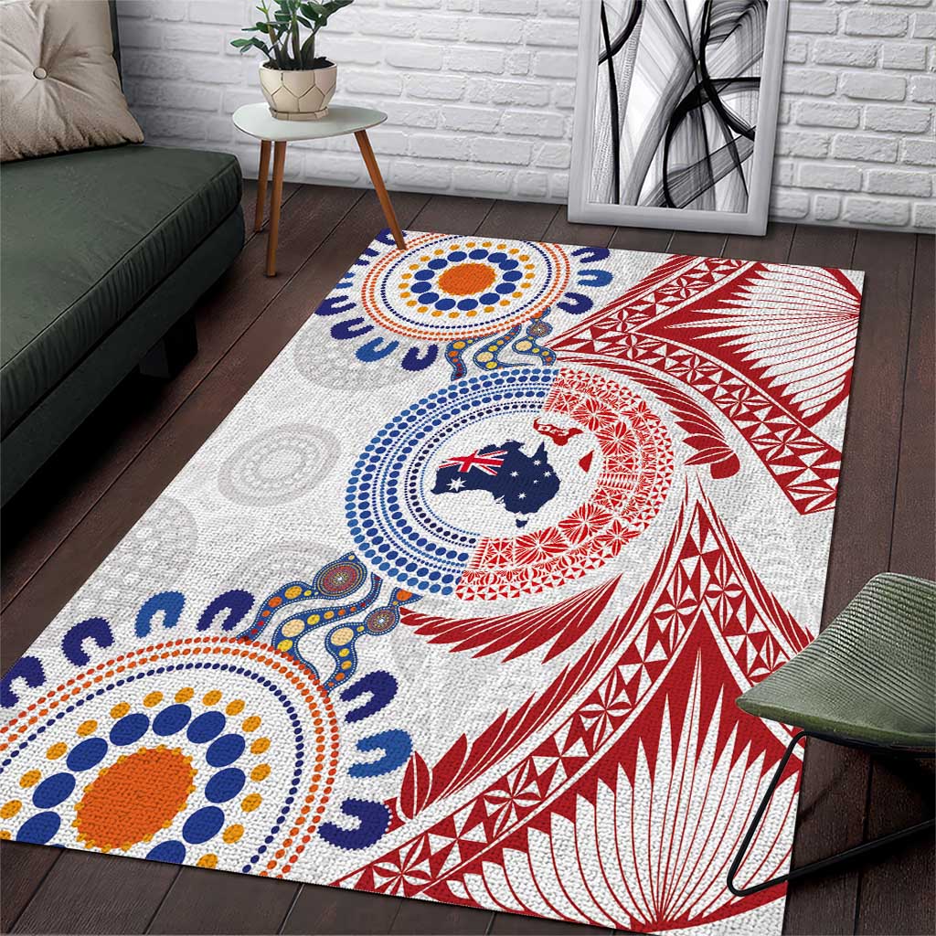 Tongan and Australian Culture Together Area Rug Ngatu Art Tribal Aboriginal Tattoo Pattern LT03 White - Polynesian Pride