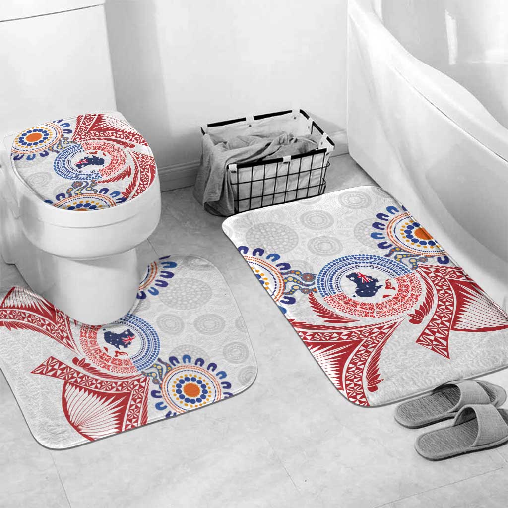 Tongan and Australian Culture Together Bathroom Set Ngatu Art Tribal Aboriginal Tattoo Pattern LT03 Mat Set Only (3 pcs) One Size White - Polynesian Pride
