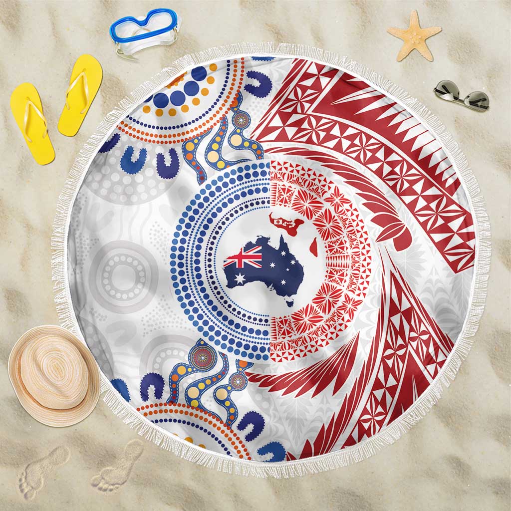 Tongan and Australian Culture Together Beach Blanket Ngatu Art Tribal Aboriginal Tattoo Pattern LT03 One Size 150cm White - Polynesian Pride