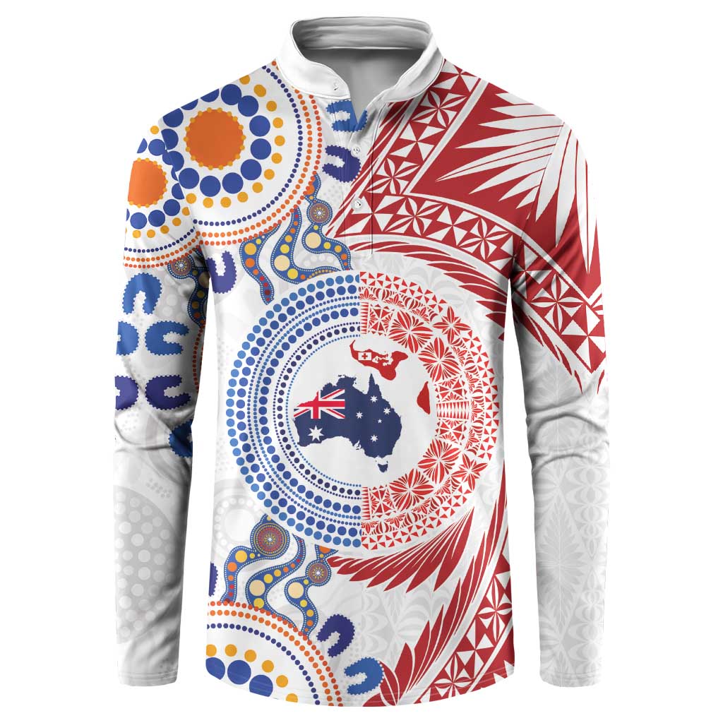 Tongan and Australian Culture Together Button Sweatshirt Ngatu Art Tribal Aboriginal Tattoo Pattern LT03 White - Polynesian Pride