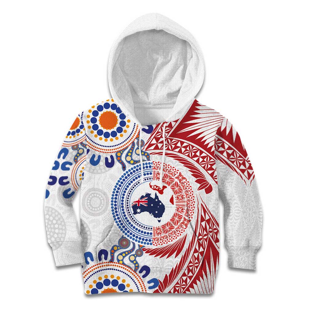 Tongan and Australian Culture Together Kid Hoodie Ngatu Art Tribal Aboriginal Tattoo Pattern LT03 Hoodie White - Polynesian Pride