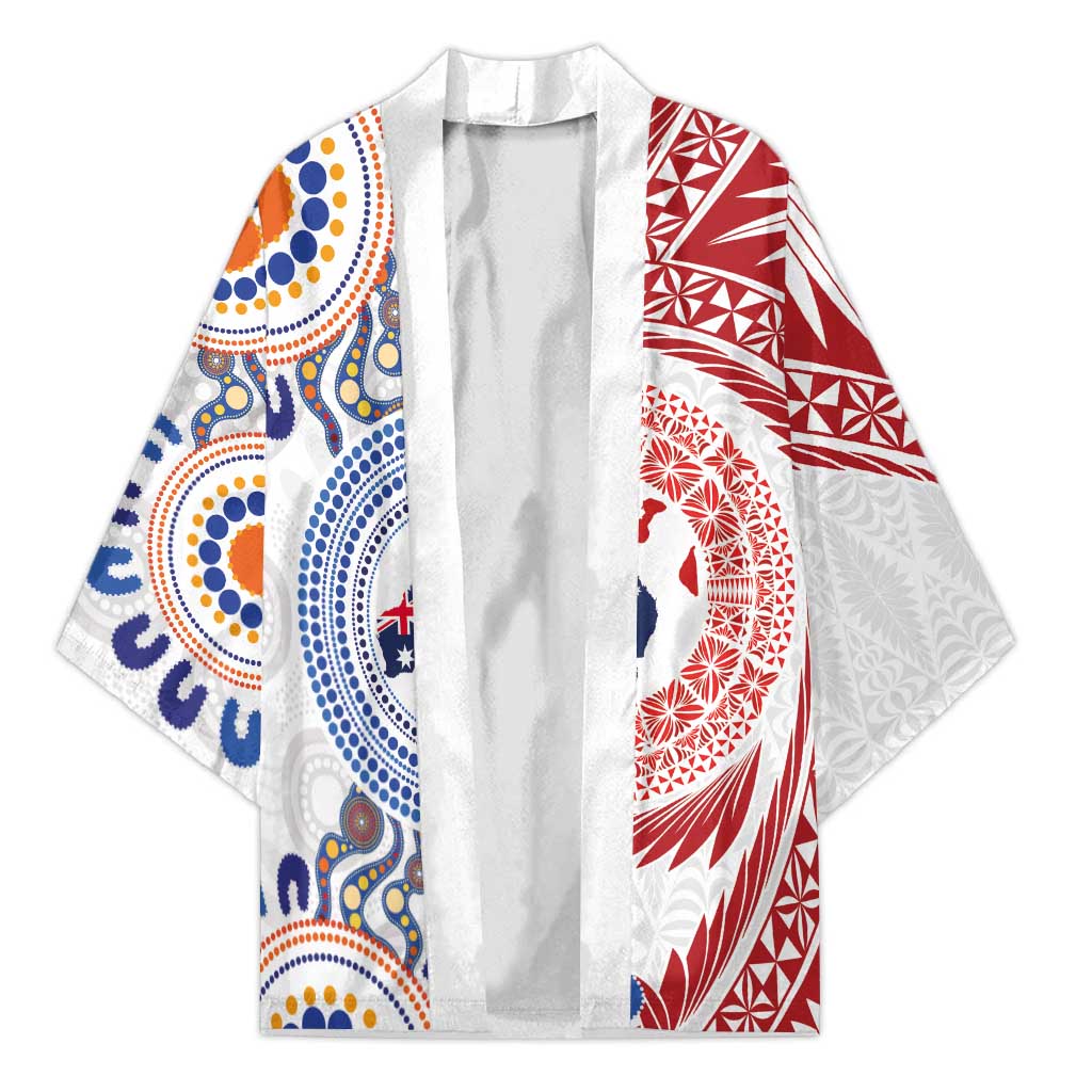 Tongan and Australian Culture Together Kimono Ngatu Art Tribal Aboriginal Tattoo Pattern LT03 Unisex White - Polynesian Pride